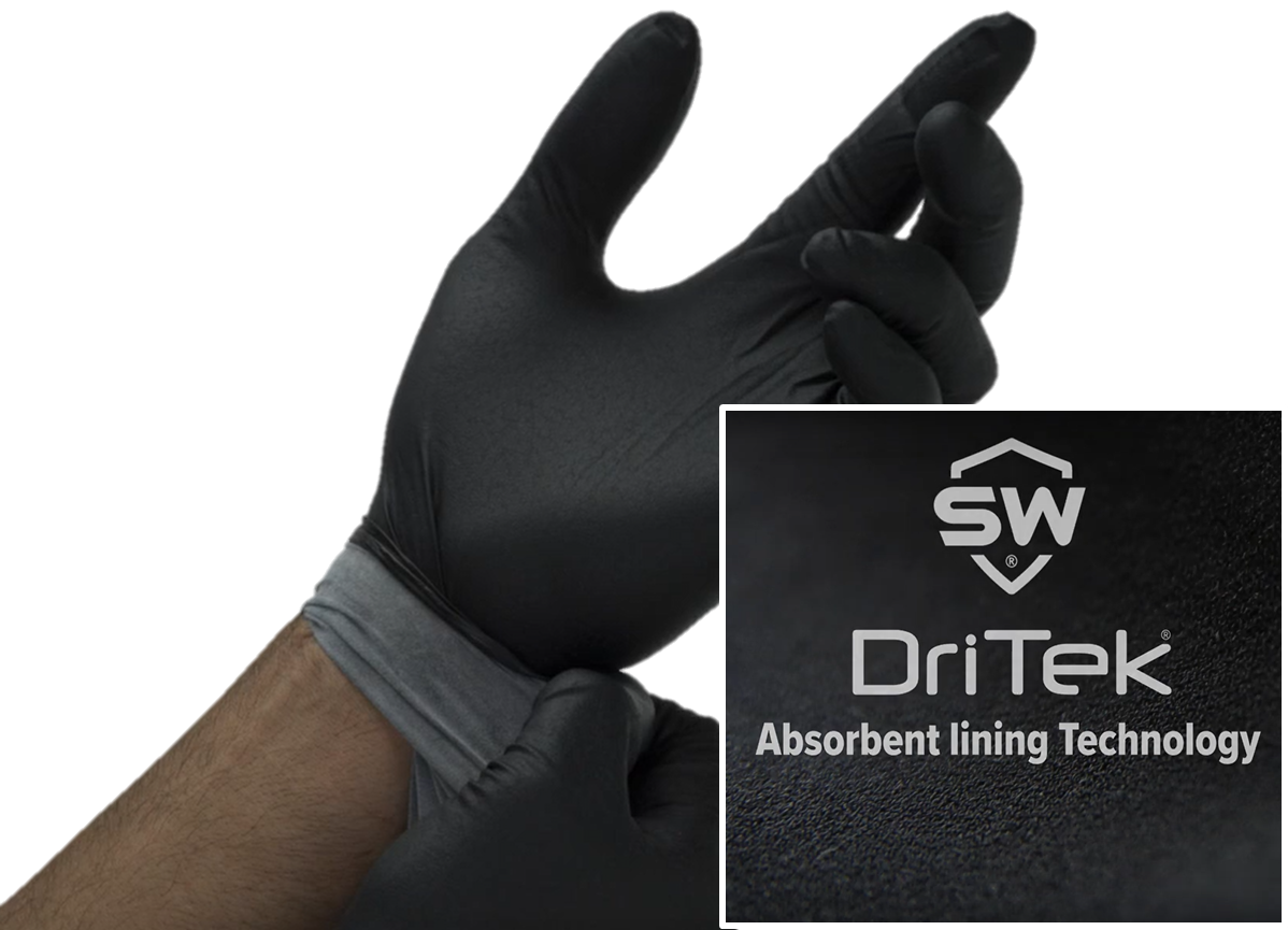 Black Nitrile Glove with Interior Lining That Features DriTek® Hand Drying Technologies