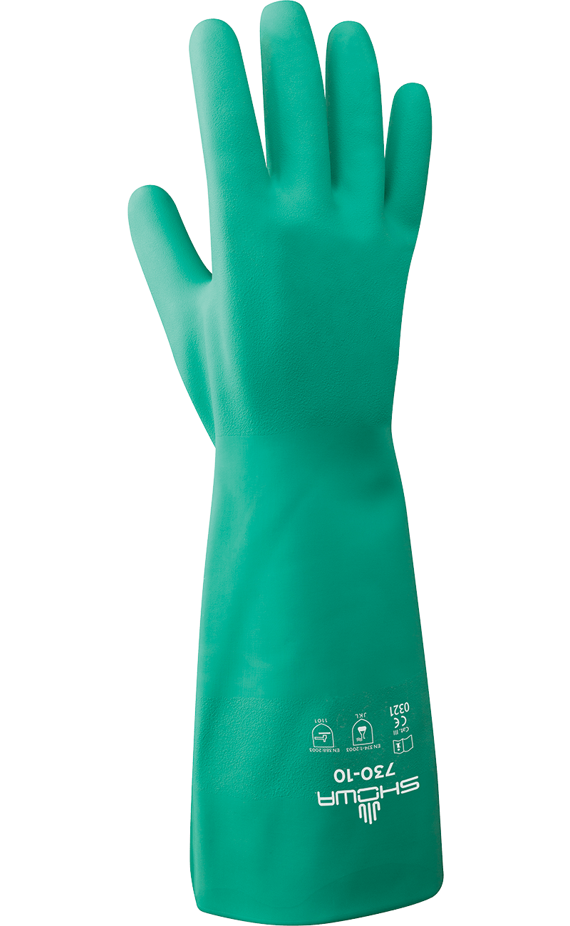 Showa® 730 chemical-resistant 15-mil unsupported flock lined 13-inch Nitrile Gloves