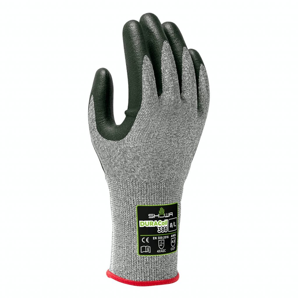 Showa® 386 foam nitrile coated 13-gauge HPPE reinforced DURAcoil seamless knit cut level A3 gloves