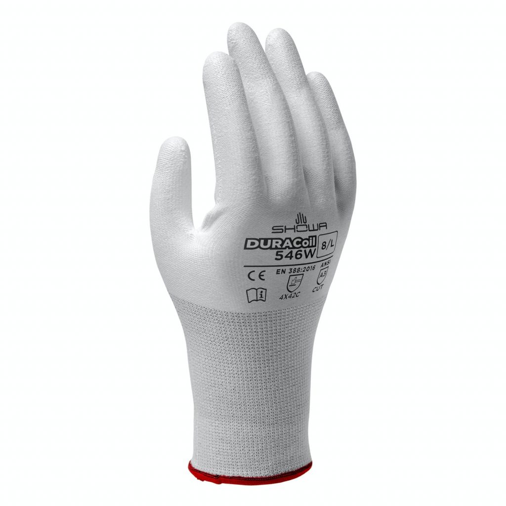 Showa® 546W white foam polyurethane palm coated  13-gauge HPPE reinforced DURACoil seamless knit cut level A3 gloves