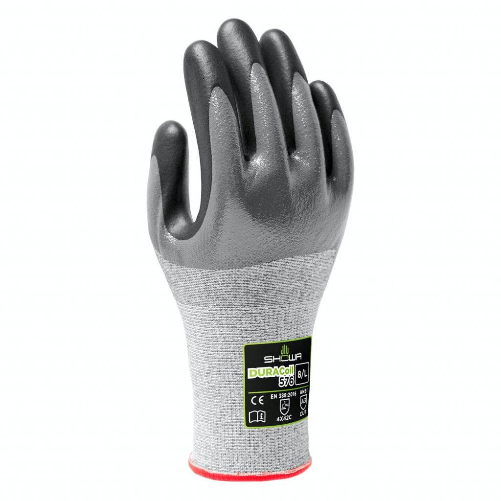 Showa® 576 Gloves have 3/4 nitrile gray undercoating with black foamed palm coating over a 13-gauge HPPE reinforced DURACoil seamless knit 