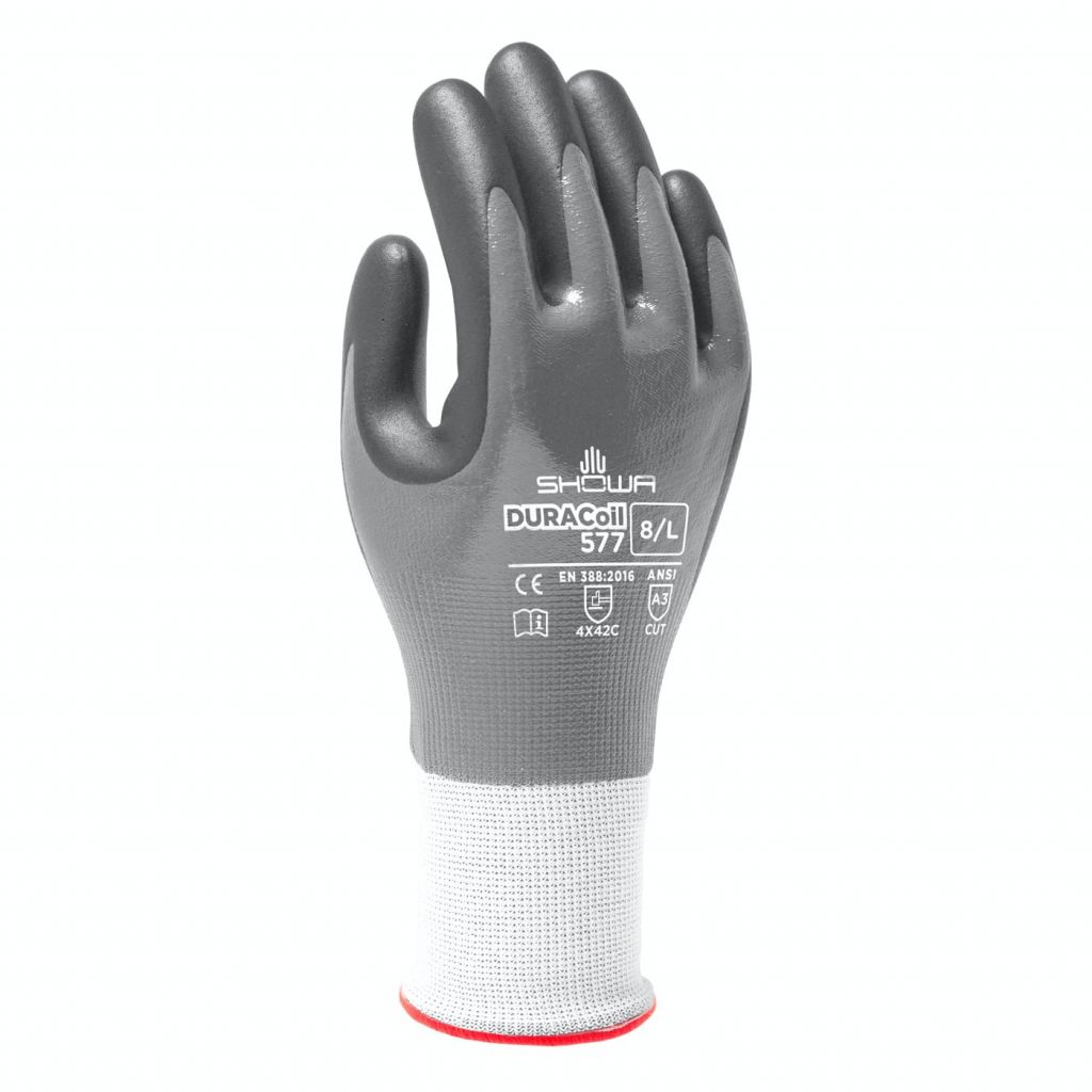 Showa® 577 Gloves have gray nitrile undercoating with black foamed nitrile palm coating over a 13-gauge HPPE reinforced DURACoil seamless knit 