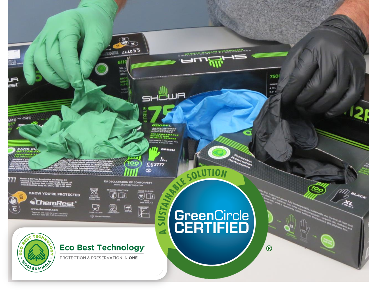 SHOWA EBT Nitrile Glove Boxes and Black, Green and Blue Gloves