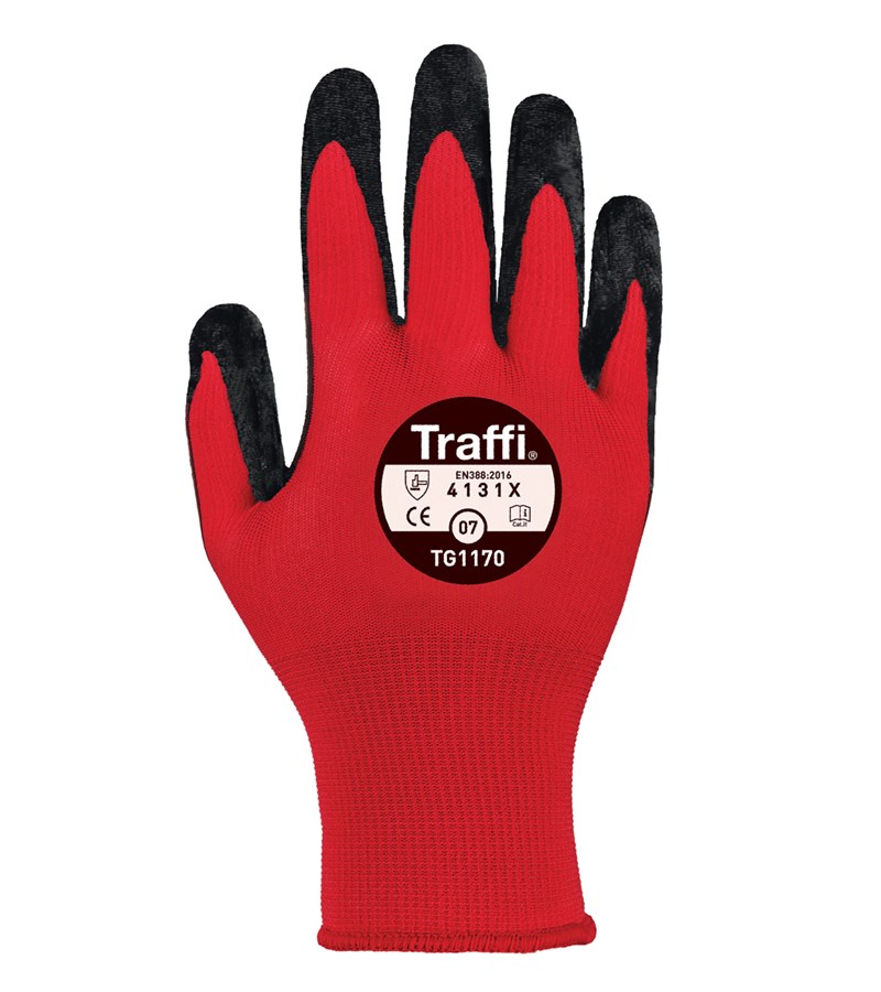 TG1170 Traffi® Red Colored Knit Gloves with X-Dura Flat Nitrile Coated Industrial Work Gloves