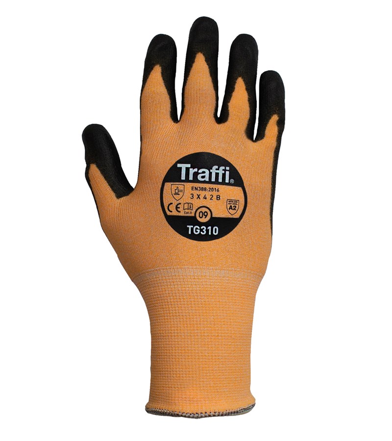 TG310 Traffi® Amber Colored A2 Cut Resistant Gloves with PU Palm Grip Coating 