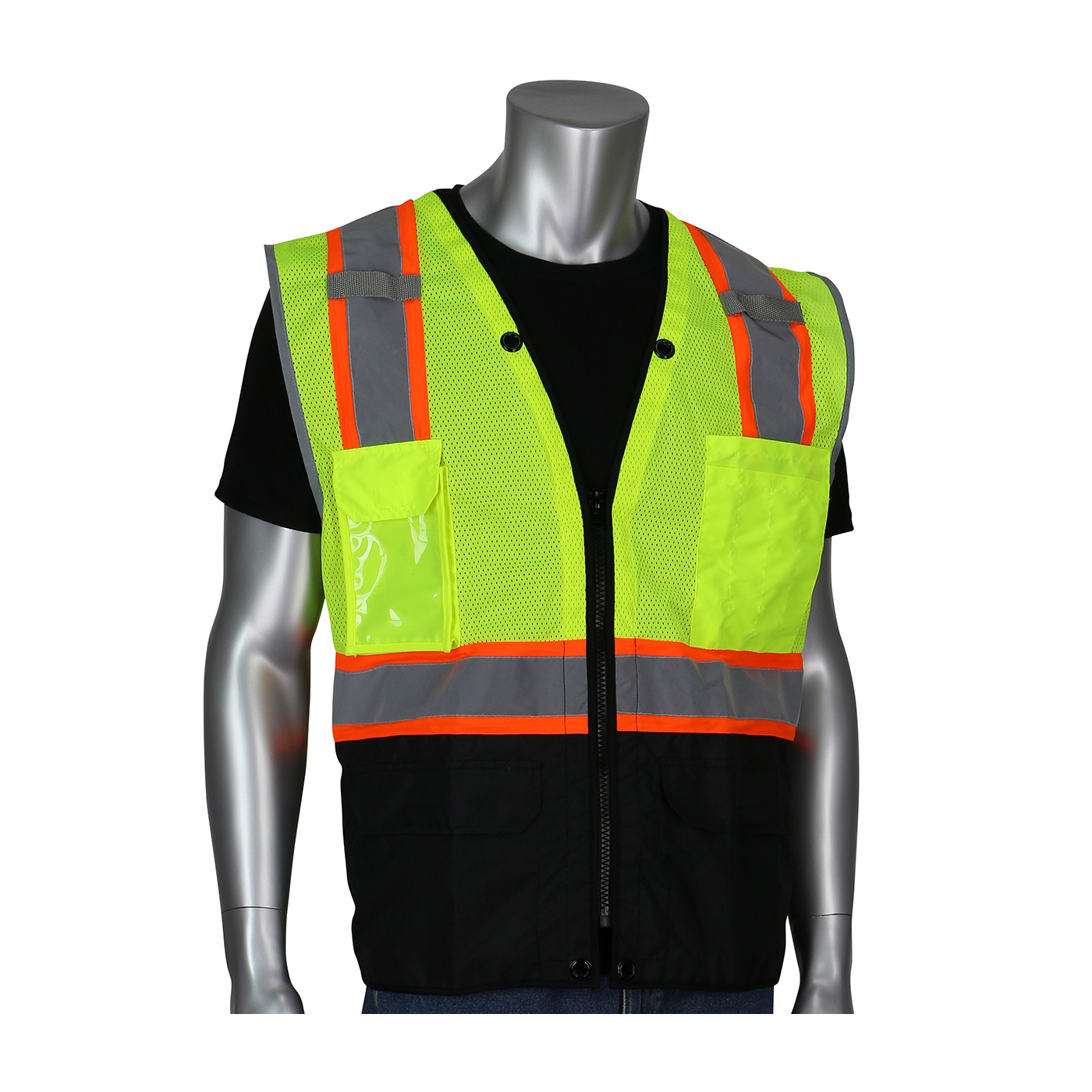 PIP® ANSI Type R Class 2 Hi-Viz Yellow Two-Tone Eleven Pocket Tech-Ready Mesh Surveyors Vest with Ripstop Black Bottom Front and `D` Ring Access #302-0650D