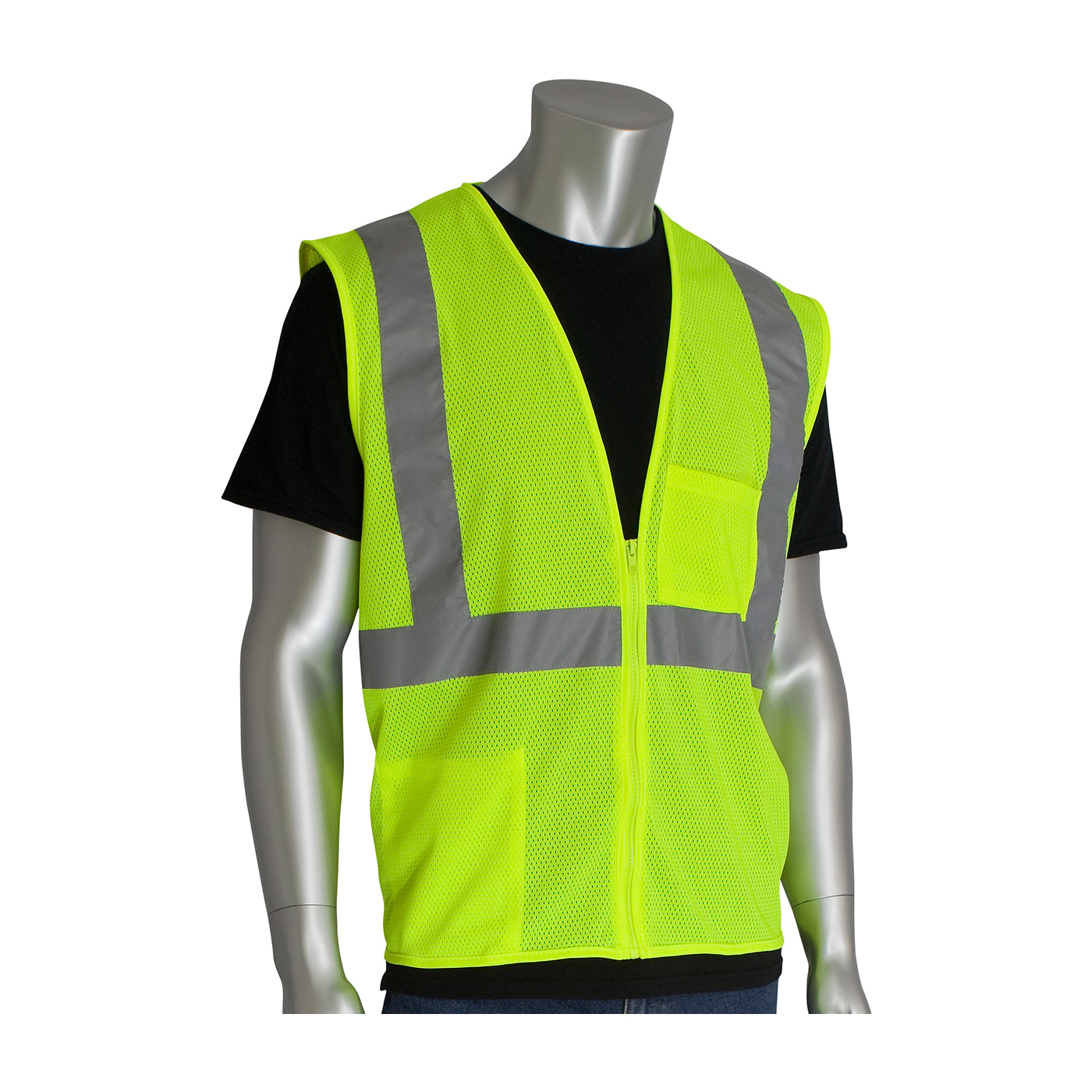 PIP® ANSI Type R Class 2 Yellow Two Pocket Zipper Mesh Vests #302-0702Z