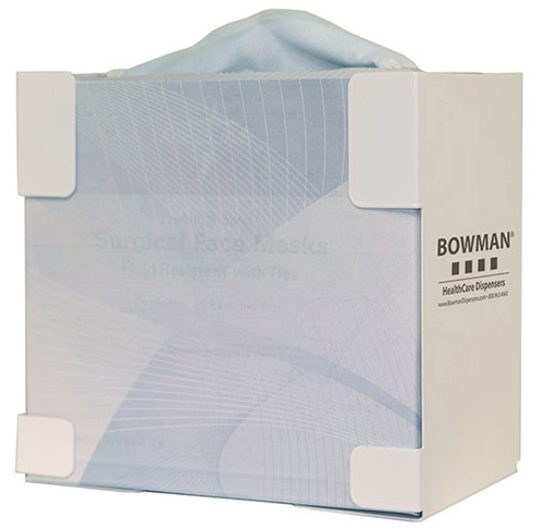 FB-063 Bowman® white powder-coated steel dispenser holds one box of tie style face masks