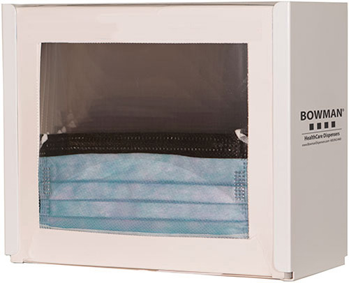 FB-090 Bowman® white powder-coated steel dispenser holds one box of shield style face masks