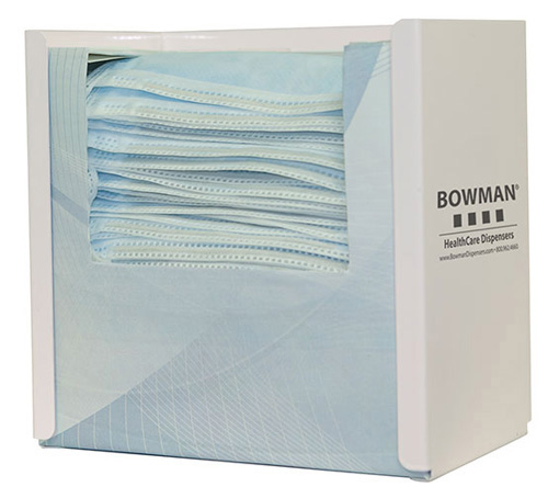 FB-091 Bowman® white powder-coated steel dispenser holds one box of tie style face masks