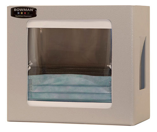 FP-120 Bowman® clear PETG plastic dispenser holds one universal box of shield style face masks