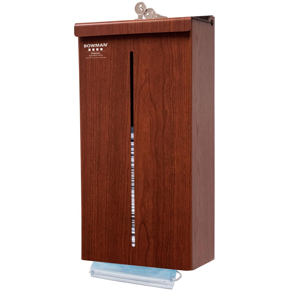 FM403-0233 Bowman® cherry fauxwood ABS plastic locking dispenser holds 4 boxes of bulk ear-loop style face masks