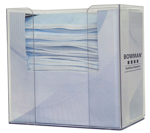 FP-022 Bowman® clear PETG dispenser holds one box of ear-loop style face masks