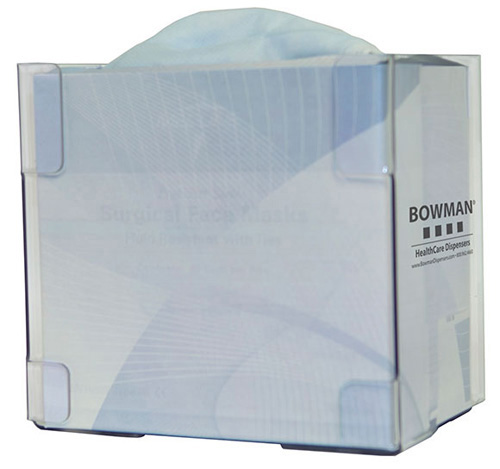 FP-122 Bowman® clear PETG dispenser holds one box of tie-on style face masks