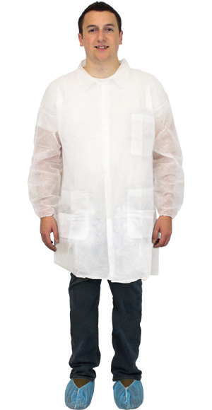 #DLWH-SIZE-E-EW Safety Zone® White 28 gram Polypropylene Lab Coats w/ 3 Pockets, Elastic Cuffs