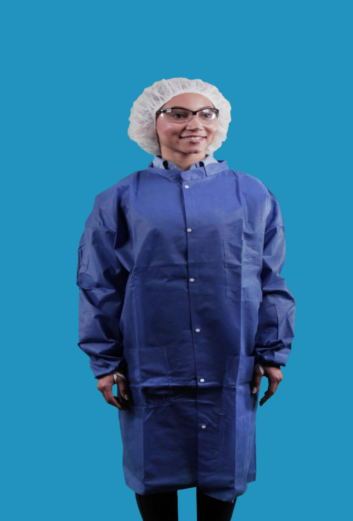 #CEF3-BE-SMS Keystone Blue SMS Disposable Cleanroom Frocks with Pockets and Mandarin Collar