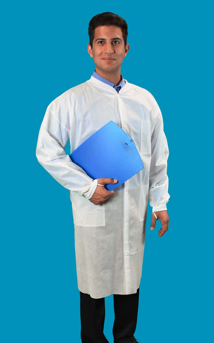 #CEF3-WK-SMS Keystone White SMS Disposable Cleanroom Frocks with Three Pockets and Knit Collar