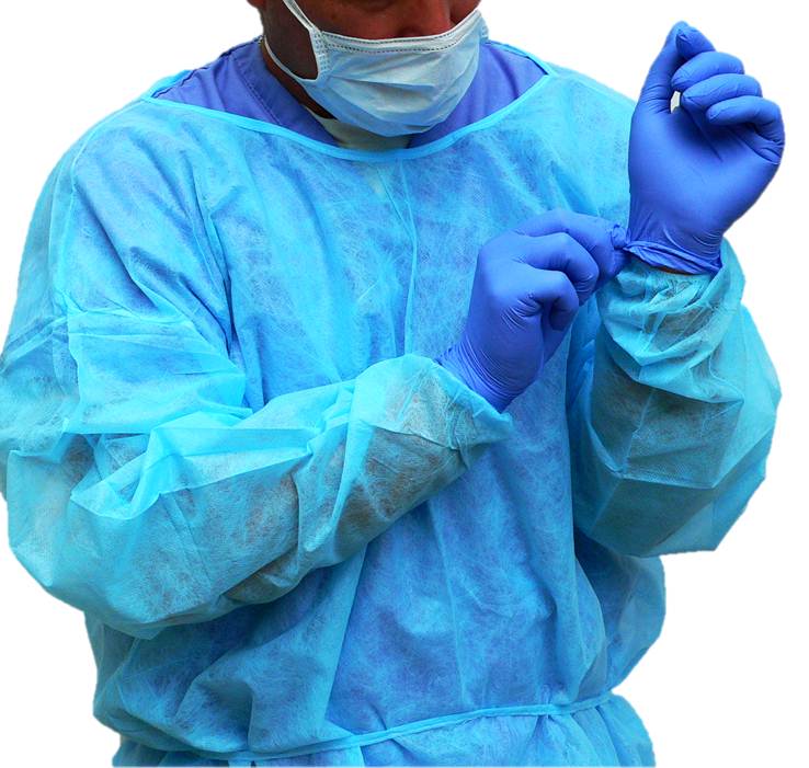 Disposable Fluid-Resistant Polypropylene Isolation Gowns in Blue with Elastic Cuffs, Ties and Closed Back