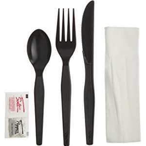 25-75006175 Prime Source® Disposable Heavy Black Cutlery Kit includes knife, fork, spoon, salt, pepper and napkin