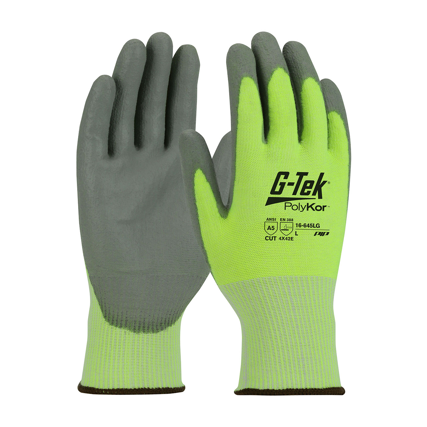 #16-645LG PIP® Hi-Viz G-Tek® PolyKor™ PU Coated Grip A5 Cut Gloves 