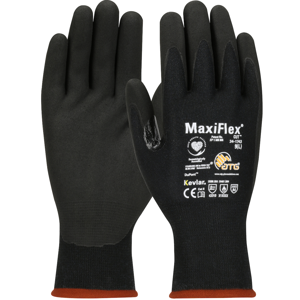 #34-1743 PIP® MaxiFlext® Cut Seamless Knit Kevlar Gloves with Black Nitrile MicroFoam Palm Coating are Level A4