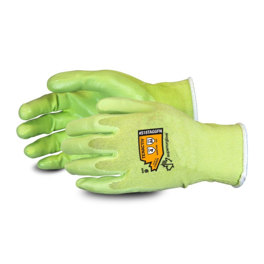 #S18TAGGFN Superior Glove®
TenActiv™ 18-Gauge Composite Filament Fiber Cut-Resistant Orange Hi-Viz Glove with Foam Nitrile Palms