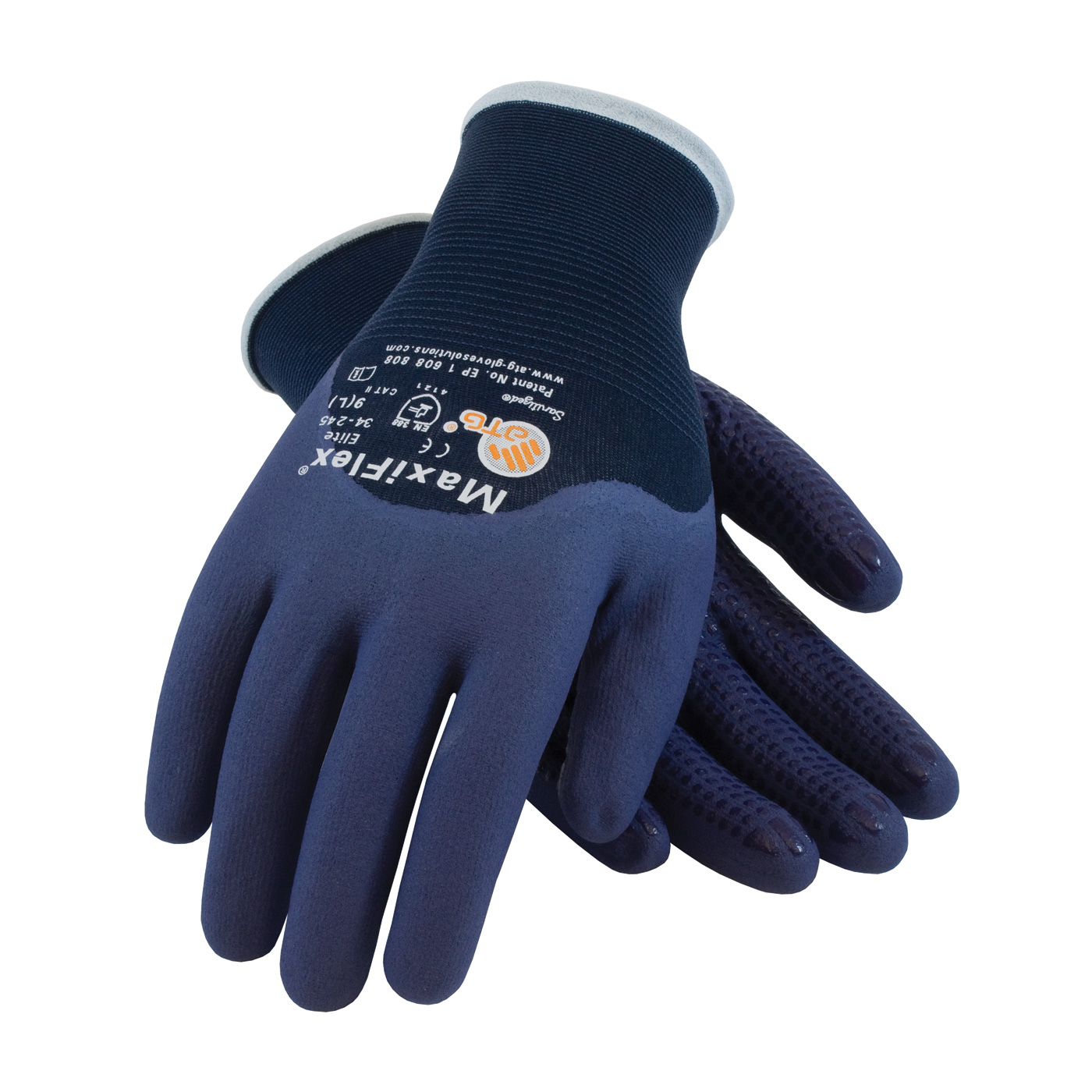#34-245 MaxiFlex® Elite™ Nylon Gloves feature a nitrile dotted palm with a blue full finger and 3/4 knuckle coating