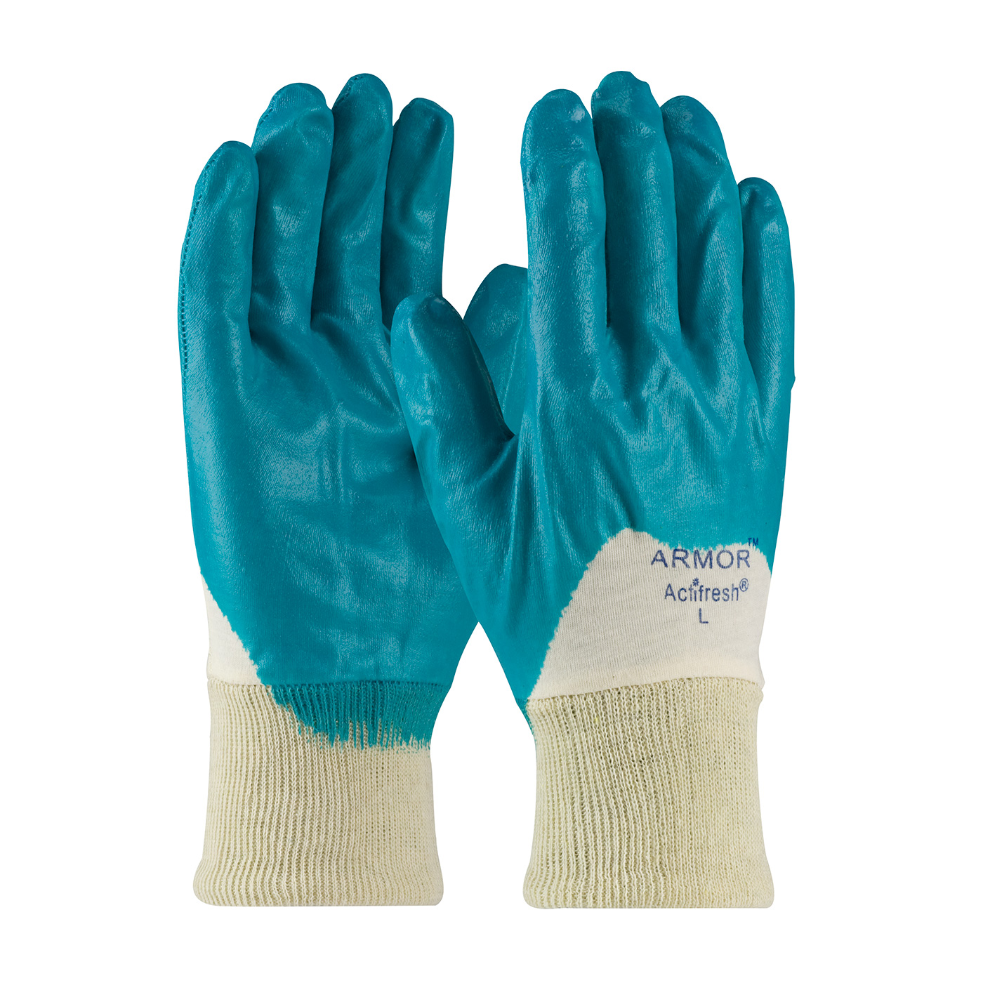 56-3180 PIP® ArmorLite® Nitrile Dipped Glove with Interlock Liner and Smooth Finish on Fingers, Palm and Knuckles has a Knit Cuff