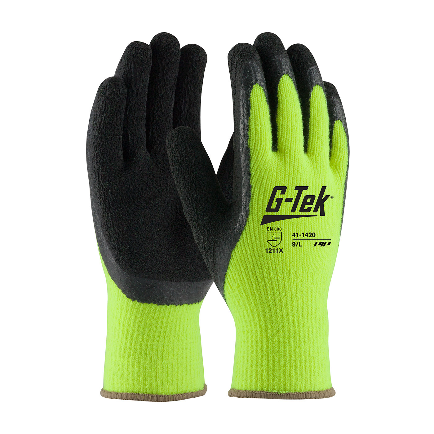 #41-1420 PIP® G-Tek® GP™ Hi-Vizs 7-Gauge Seamless Knit Brushed Acrylic Glove with Latex Coated Crinkle Grip on Palm & Fingers 