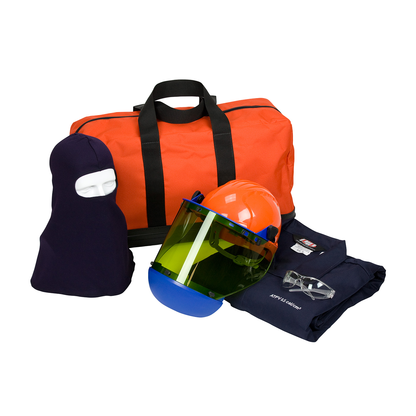 #9150-5388E PIP® PPE 2 AR/FR Dual Certified Kit - 8 Cal/cm2 contains dual certified coverall, hard hat with arc shield, balaclava, safety glasses and carry bag

