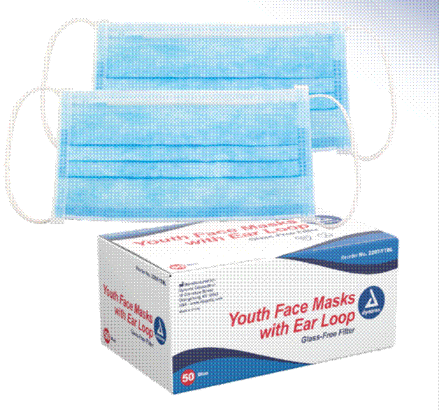 #2207-YTBL Dynarex Disposable Blue 3-Ply Pleated Youth Face Masks