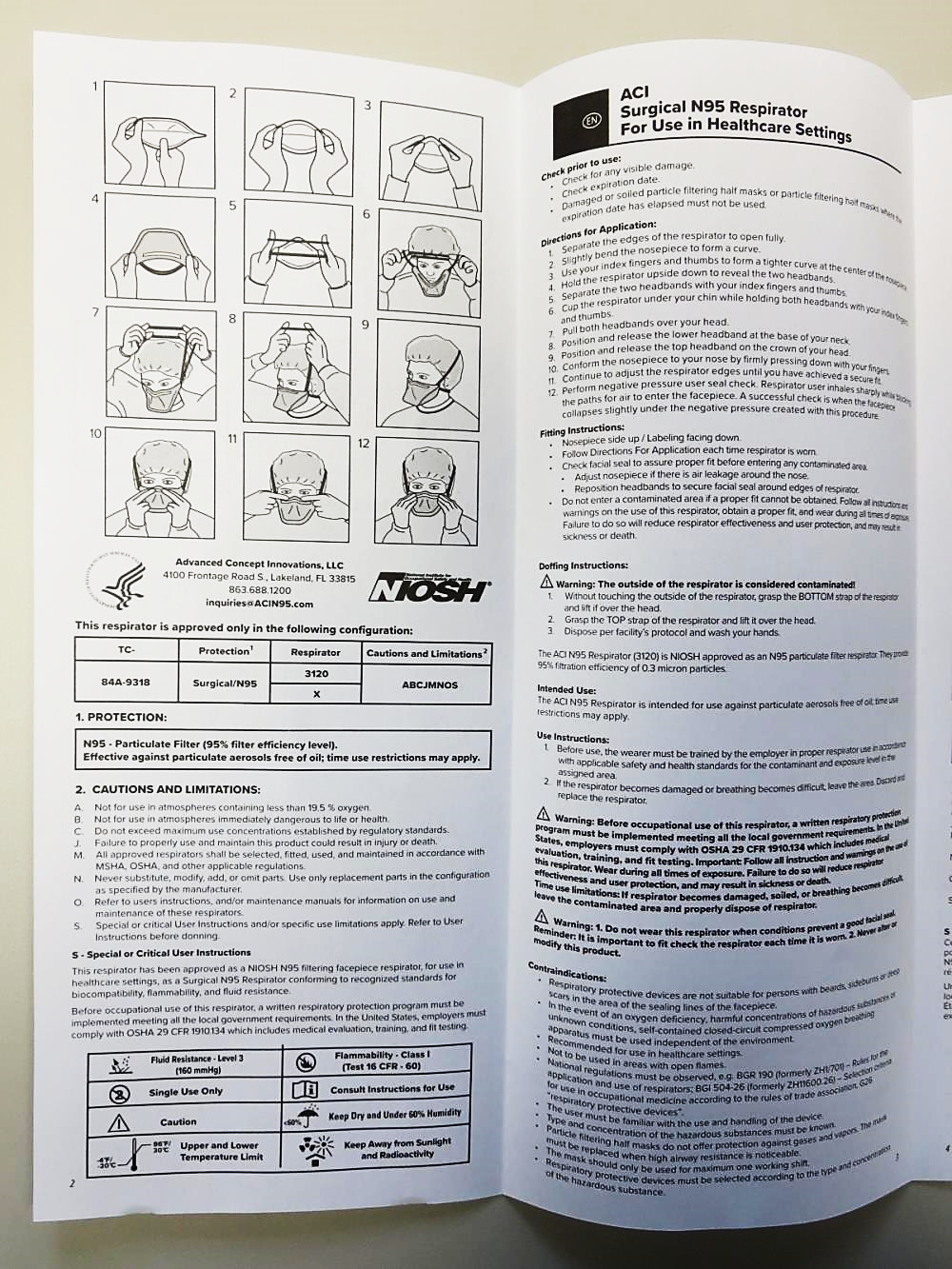 3120 ACI Surgical N95 Level 3 American Made Respirator Masks Technical Data sheet