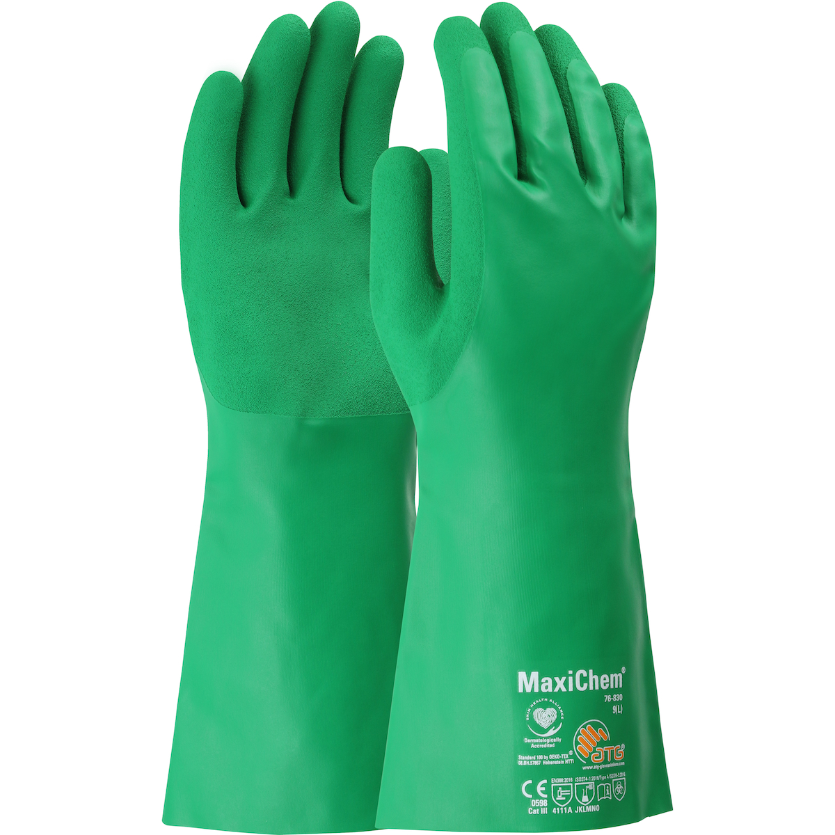 ATG®  MaxiChem®  76-830 TRItech Chemical Resistant Green Nitrile Blend Coated Glove with 14″ Gauntlet Cuff