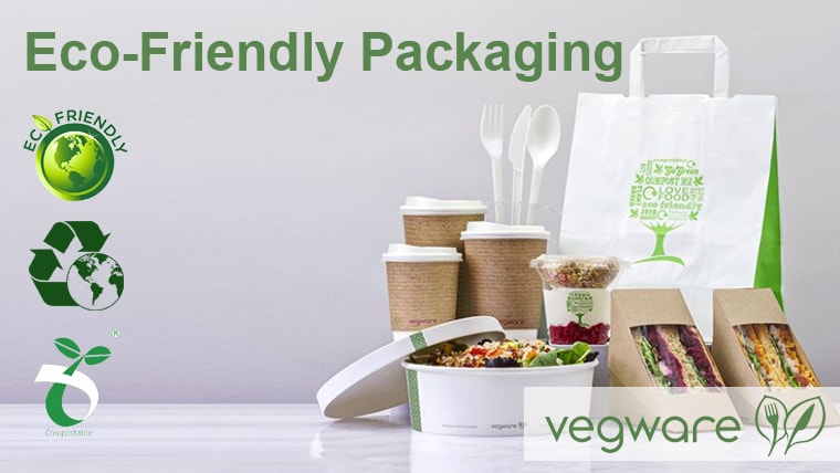 Vegware Compstable Food Packaging with logo and badges