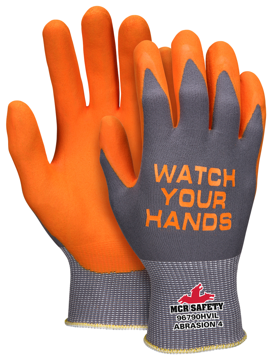 HiVis "Watch Your Hands" Palm Coated Knit Gloves Palm Coated Watch