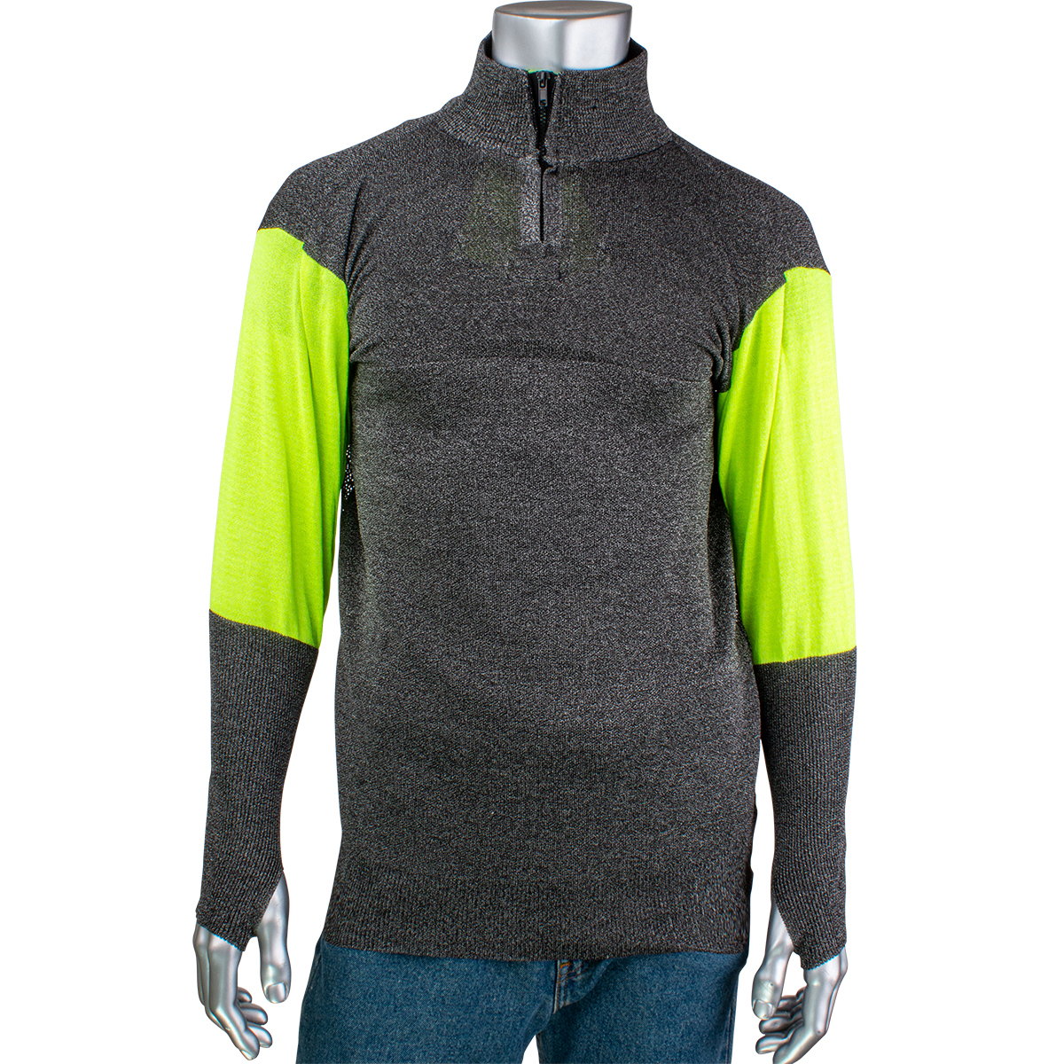 PJG145-3CM-HVB-TH  PIP® Kut Gard® ATA® PreventWear™ Cut Safety 1/4 Zip Pullovers w/ Hi-Vis Sleeves, 3/4 Mesh Back, 3-in Collar & Thumb Holes