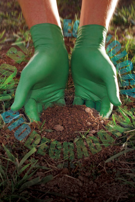 A green nitrile glove digging fingers into soil