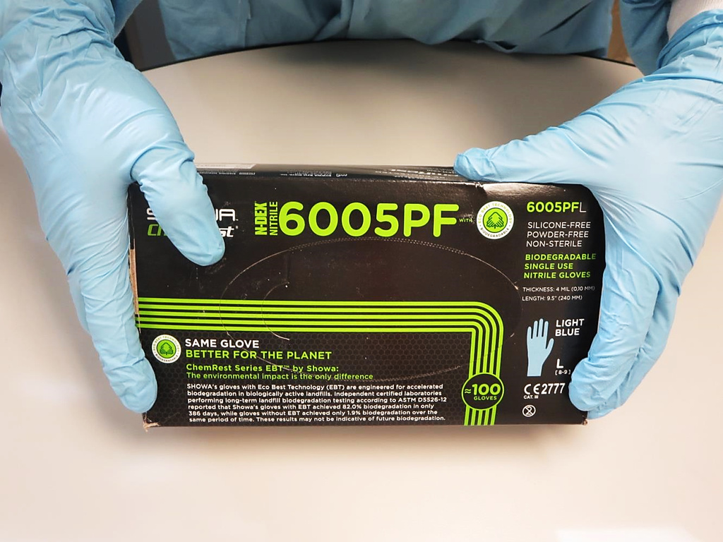 6005PF Showa® Disposable Powder-Free 4-mil Sustainable Blue Nitrile Gloves, Made in USA