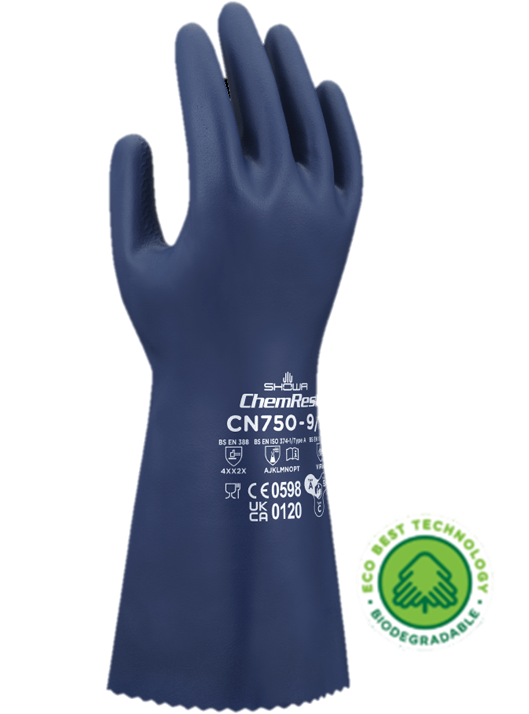 Showa® CN750 Biodegradable EBT Flocked-Lined Nitrile Coated Gloves, 13-in (18-mil)
