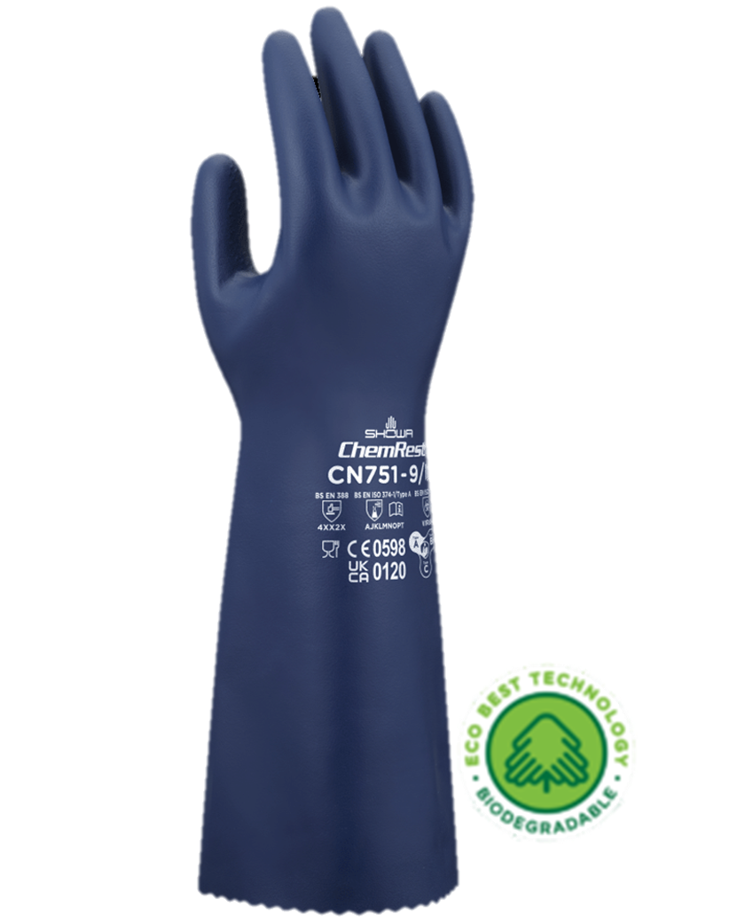 Showa® CN751 Biodegradable EBT Flocked-Lined Nitrile Coated Gloves, 15-in (18-mil)