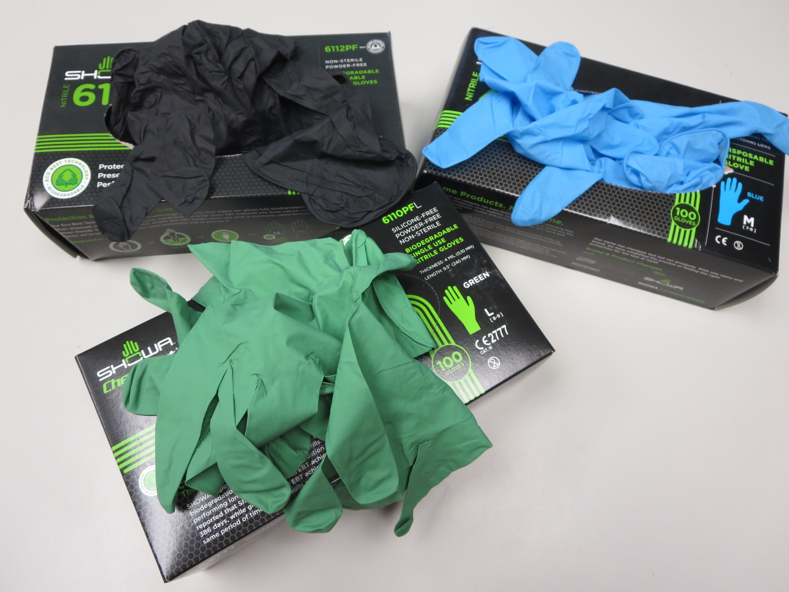 Showa® Biodegradable  Single-Use Powder-Free Nitrile Gloves in green, blue and black colors