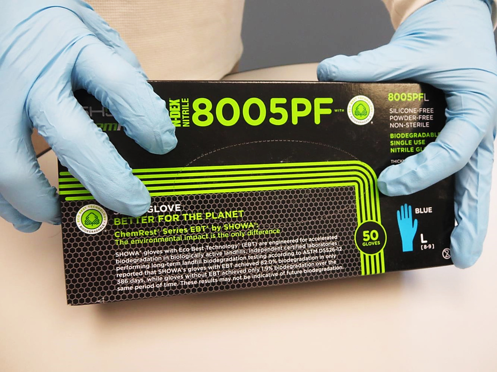 8005PF Showa® 8-mil Blue Powder-Free Biodegradable EBT Nitrile Gloves