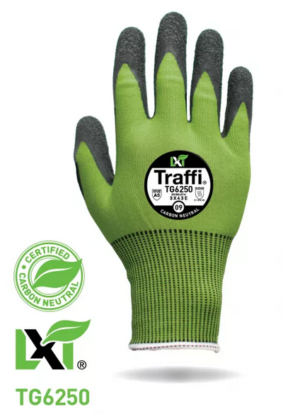 Traffi® TG6250 LXT® Carbon Neutral Ec-Friendly X-Dura Latex Coated green 15-gauge seamless knit A5 Cut Safety Work Gloves