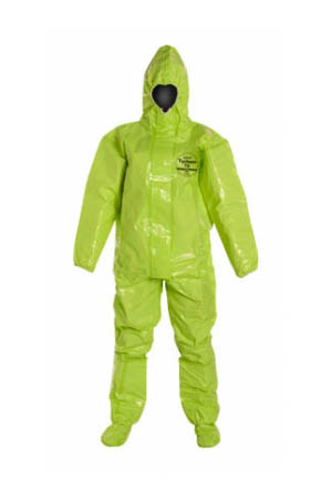 DuPont™ Tychem® 10000 Coverall -  Respirator Fit Hood. Elastic Wrists. Attached Socks with Outer Boot Flaps. Double Storm Flap with Adhesive Closure. Taped Seams. Lime Yellow.