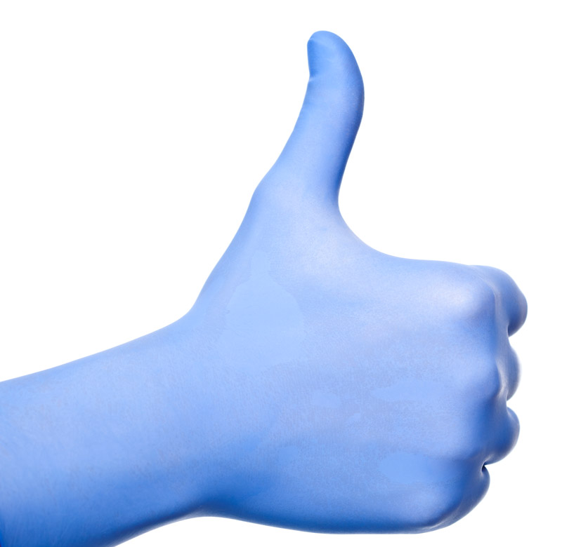 Rival 9.5″ Blue Clean Packekd Nitrile glove giving a thumbs up