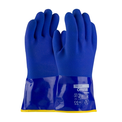 #58-8658DL PIP® ProCoat® Insulated Water-Proof Blue PVC Gloves w/ Orange Detachable Glove Liner and Sandy Grip Finish
