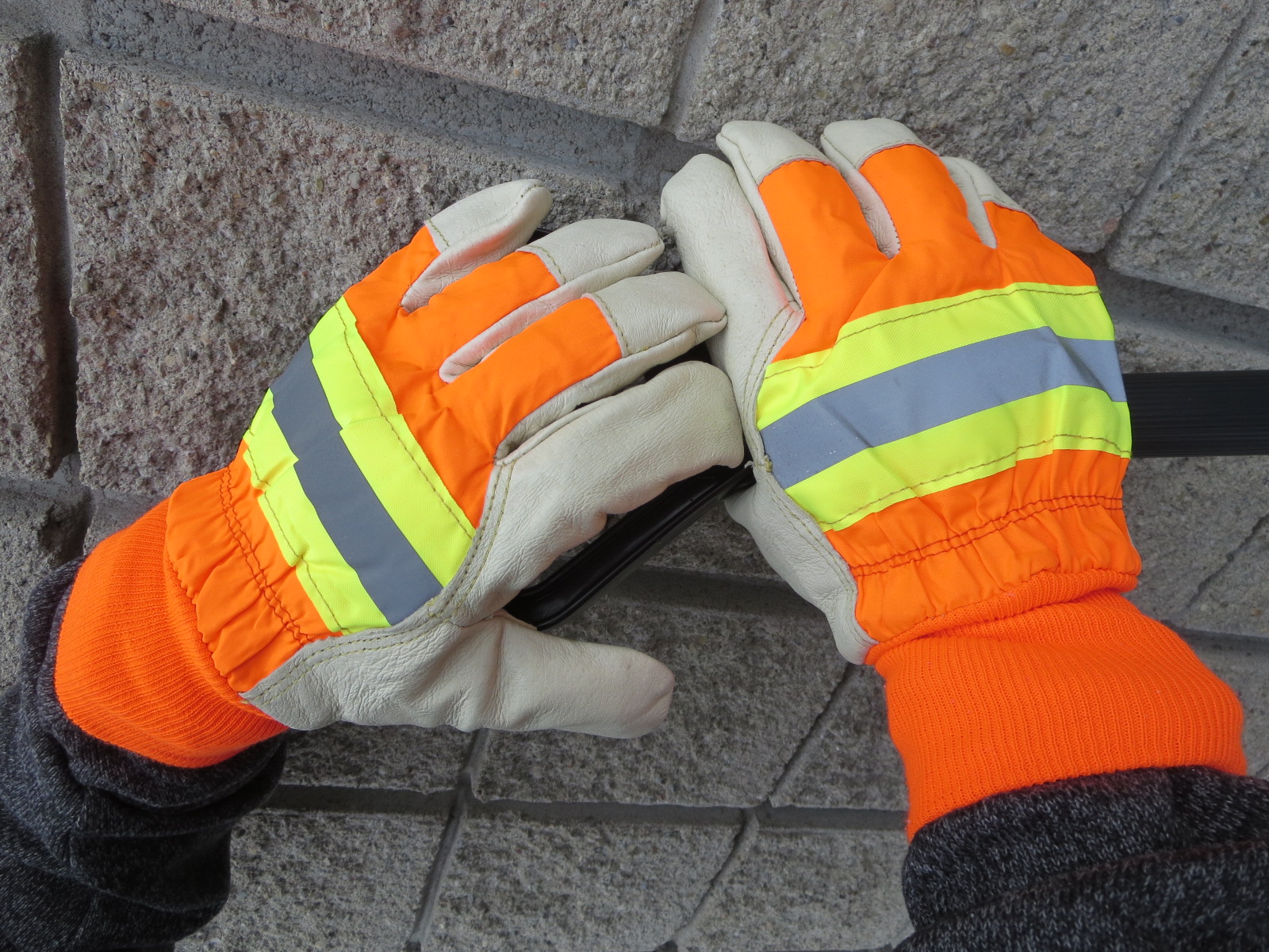  Hi-Viz Leather Palm Winter Gloves w/ Knit Cuffs