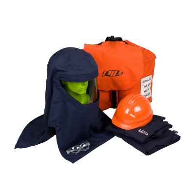 PIP® #9150-53018 PPE 3 ARC 25 Cal/cm2 Jacket/Overall Flash Kit contains jacket, overall, arc hood, hard hat, safety glasses, head gear storage bag, and a back pack