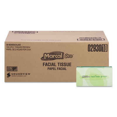 2930 Marcal PRO™ 100% Recycled Convenience Pack Facial Tissue, Septic Safe, 2-Ply, White, 100 Sheets/Box, 30 Boxes/Carton