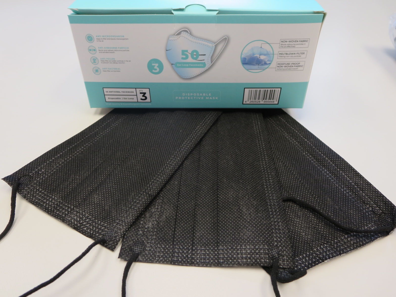 Hypoallergenic Black EarLoop Face Masks Disposable Black Barrier